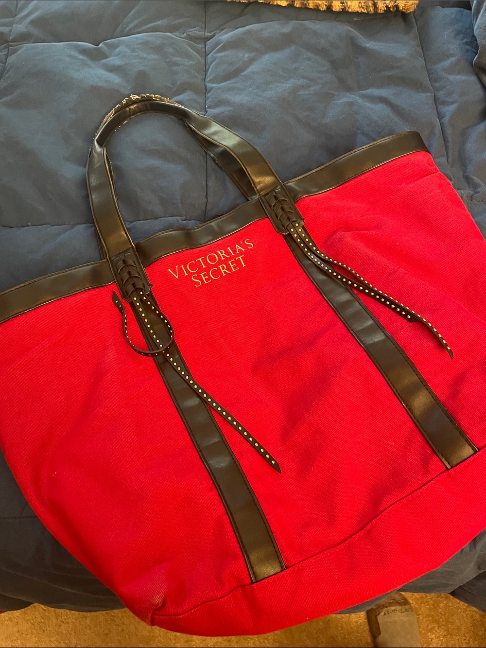 Victoria's Secret Red Canvas Tote with Black Trim and Studded Straps